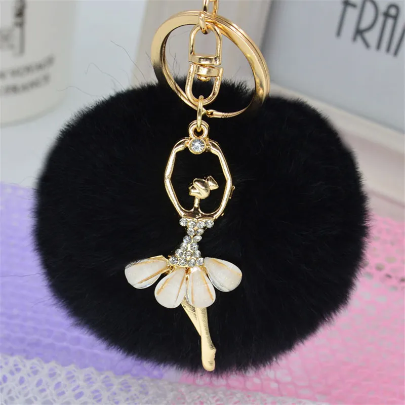 

Fluffy Faux Rabbit Fur Ball Pom Pom Keychain Women Bag Car Charms Trinket Crystal Gold Dancing Girl Pompon Fur Ball Keyring Gift