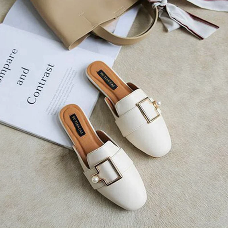 Beige Pearl Bailehou/женские брендовые тапочки; модные женские туфли на плоской подошве с металлической пряжкой; повседневные Лоферы без задника; туфли на плоской подошве с круглым носком; большой размер 41 - Цвет: Beige Pearl