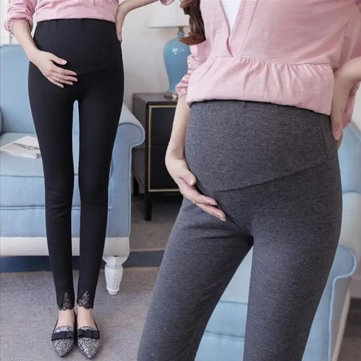 Maternity leggings Spring high waist pregnant trousers Soft cotton pants for pregnancy woman clothes lace solid pencil | Мать и ребенок