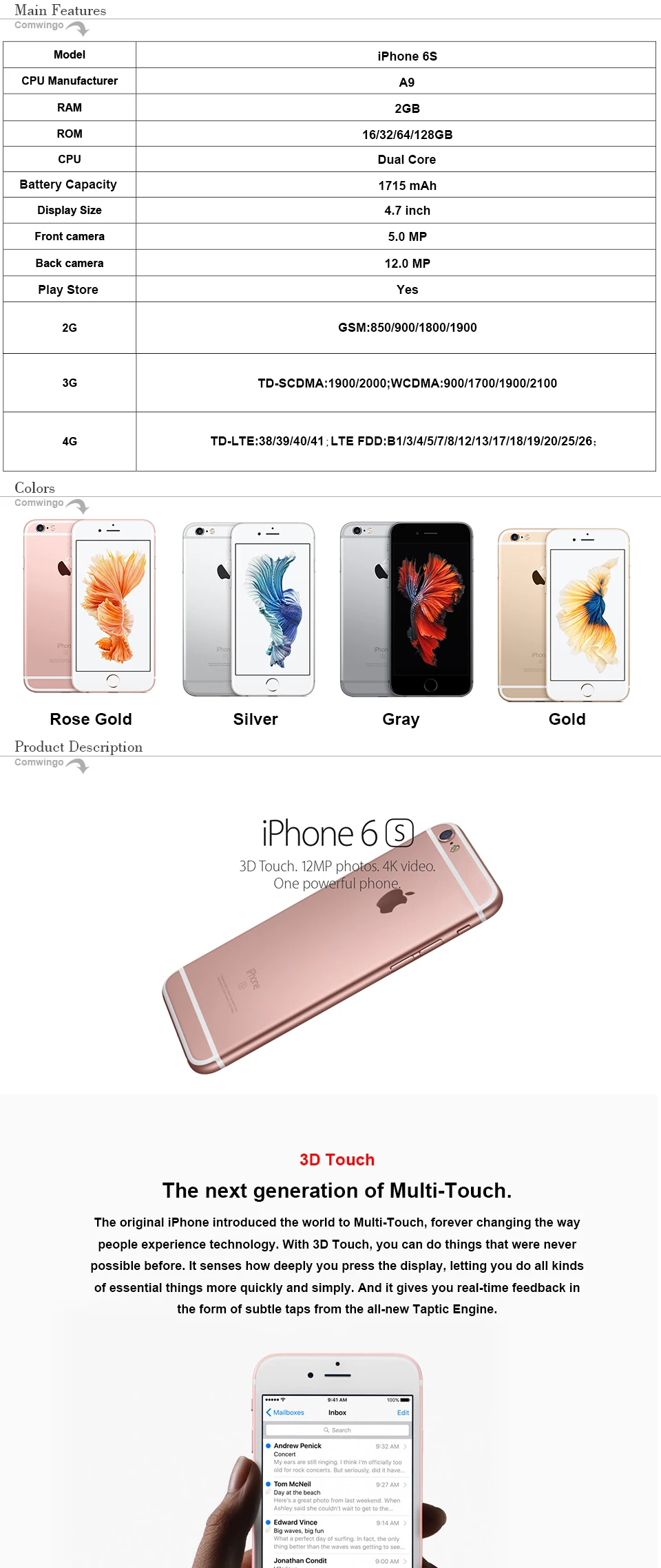 Разблокированный Apple iphone 6s 2 Гб Оперативная память 16 Гб/64/128 ГБ Встроенная память IOS Двухъядерный 4,7 ''12.0MP Камера A9, сеть 4G LTE, мобильный телефон iphone 6s