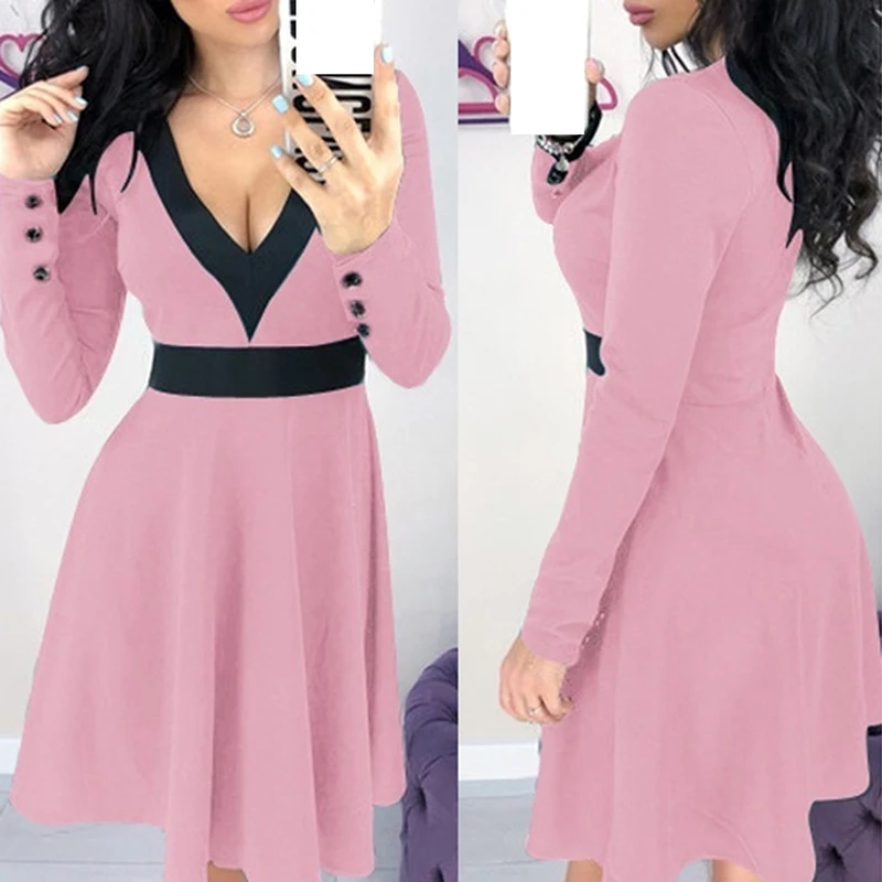 Fashion Sexy Long Sleeve Women Dress Slim V-neck Features To Receive The Waist Ladies Elegant Female | Женская одежда