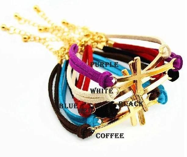 M&T(24pc/lot) Free Shipping New Hotselling Leather sideways Gold Cross Charm Bracelet 2013 Wholesale|bracelet fashion|bracelet punkcharm bracelet