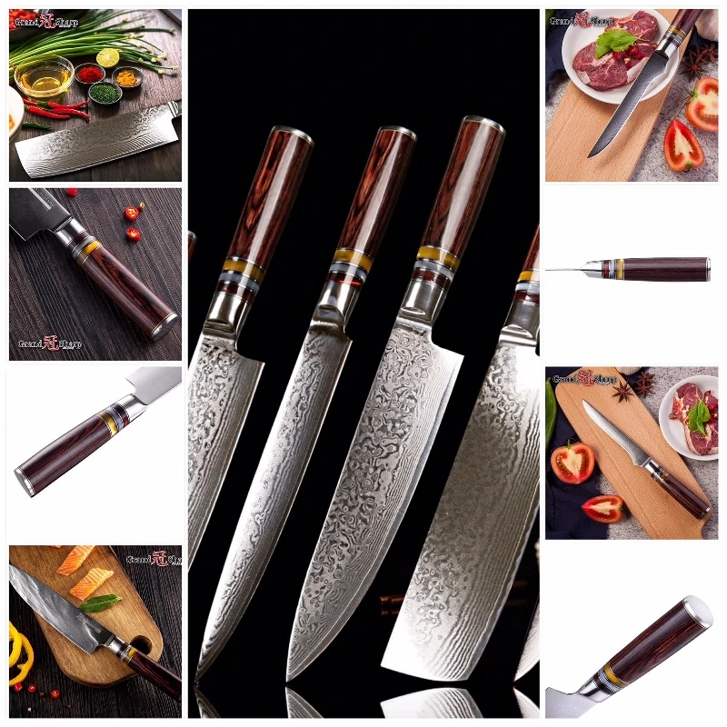 Damascus Chef Knife Set 6 pcs vg10 Japanese Steel Kitchen Knives Professional Cooking Tools Best Family Wedding Gift | Дом и сад