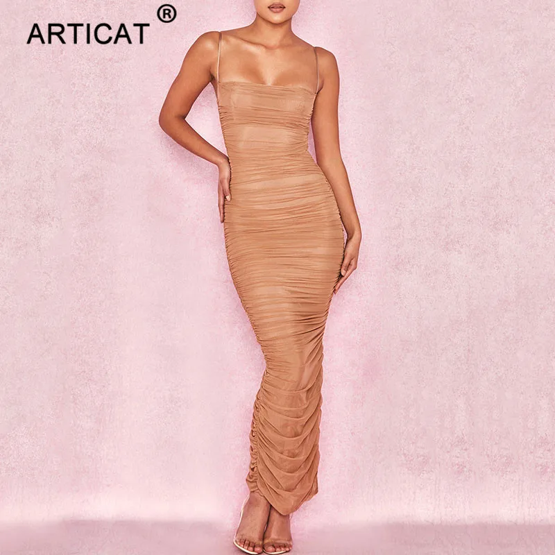 Khaki Articat, сексуальное, прозрачное, Сетчатое, вечерние, женское платье,, без бретелек, с разрезом, длинное, макси платье, элегантное, Осеннее, облегающее, плиссированное платье, Vestidos - Цвет: Khaki