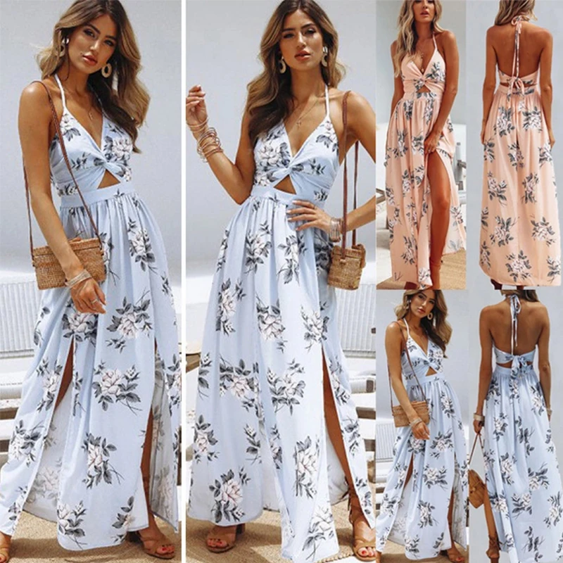 Women Dress Summer Sexy Boho Maxi Long Beach Dresses Sundress Print Floral Halter Vestido V Neck Evening Party Женская одежда