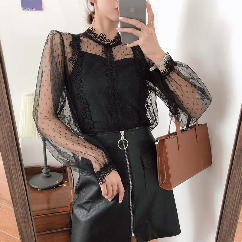 Young Gee Spring Women Lace Floral Embroidery Blouses Shirt Sexy Mesh Tops See-through Long Sleeve Shirts blusa camisas mujer
