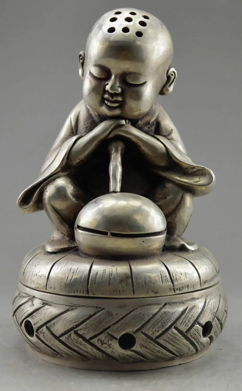 Exquisite Interesting White Copper Censer of A Young Monk Fell Asleep When He Strike the Wooden Fish Clock