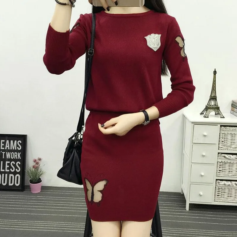 Женский вязаный костюм для женщин осень 2019 новинка с рисунком бабочки полный