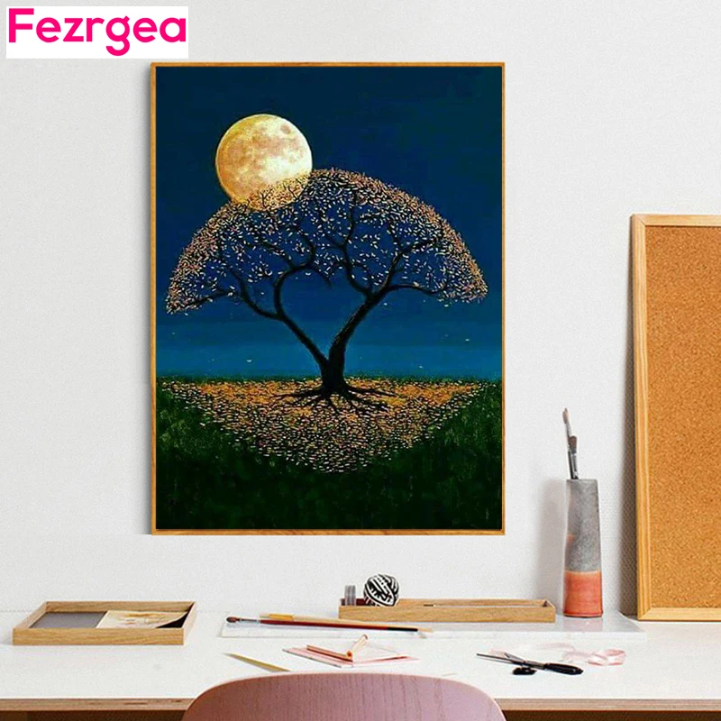 

Fezrgea 5D DIY Diamond Painting Scenery Sunrise Trees Full Square Diamond Embroidery Cross Stitch Mosaic Rhinestone Home Decor