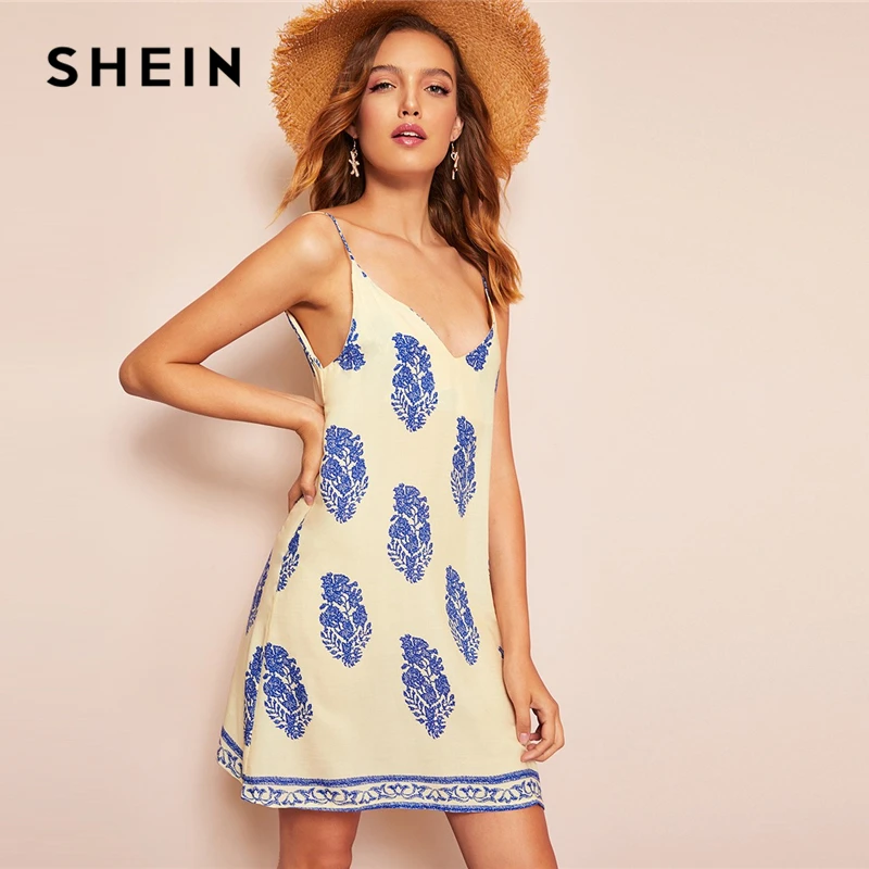 SHEIN Платье На Бретелях С Принтом Листьев И Глубоким V-Образным Вырезом Женское Летнее Богемное Платье Без Рукавов