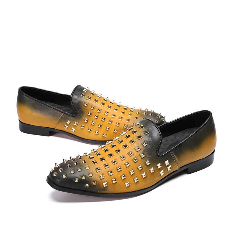 Deification Runway Moccasins Rivets Studded Mens Loafers Slip-On Casual Dress Male Flats Genuine Leather Italian Style Men Shoes | Обувь