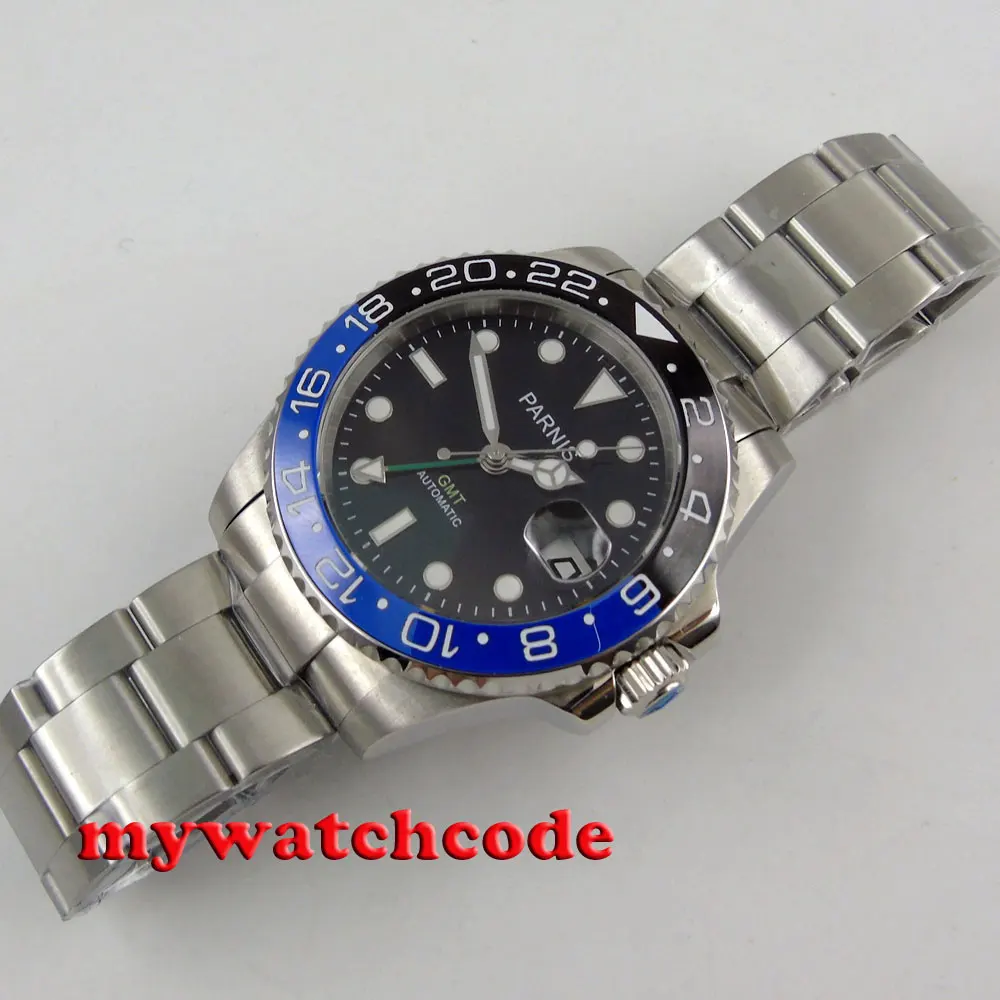 Мужские автоматические часы 40 мм Parnis с черной фотокерамической рамкой GMT P876 |
