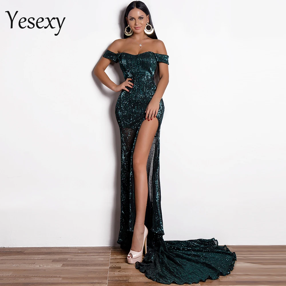Yesexy, женский сексуальный бюстгальтер с открытыми плечами, с короткими рукавами с блестками, Платье макси с разрезом, элегантное вечернее платье, Vestdios VR9266-1