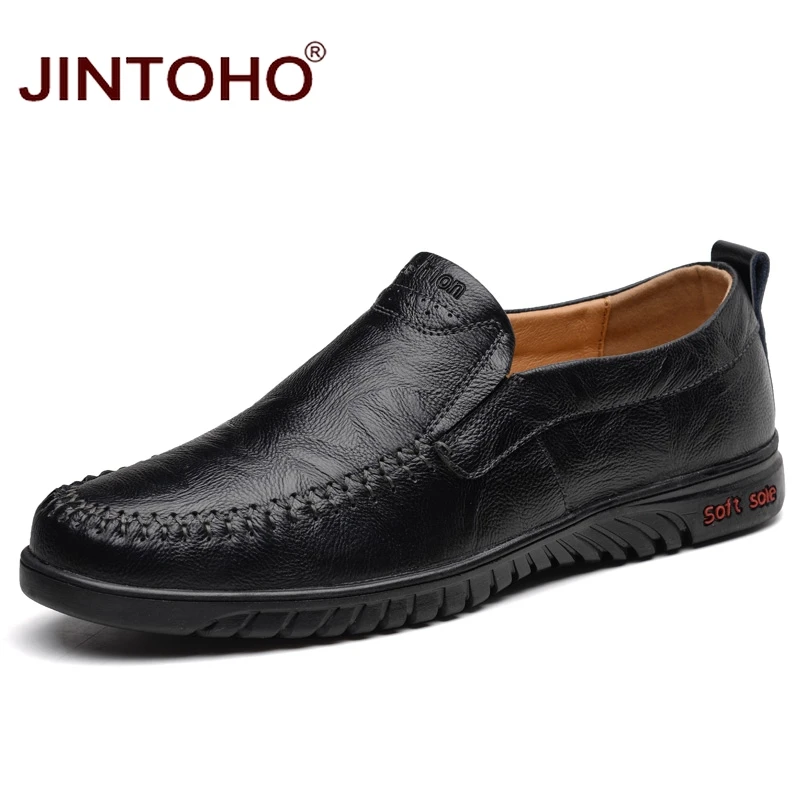 JINTOHO/Мужская обувь из натуральной кожи без застежки; модная мужская удобная обувь; брендовая мужская кожаная обувь; повседневная кожаная обувь для мужчин - Цвет: black