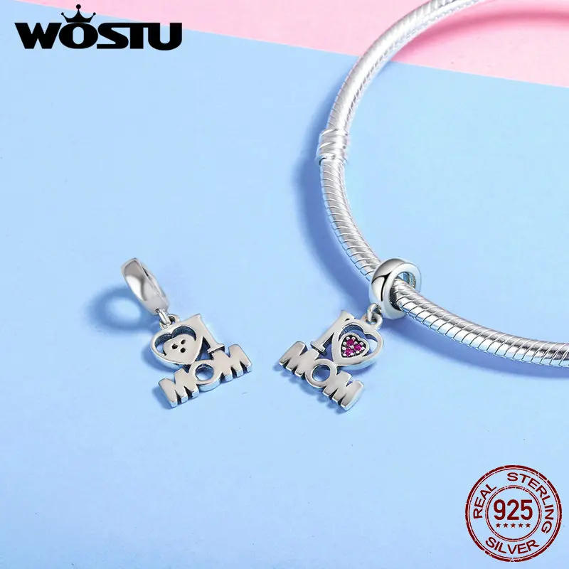 WOSTU Аутентичные 925 пробы серебряные подвески с надписью i Love Mom оригинальные