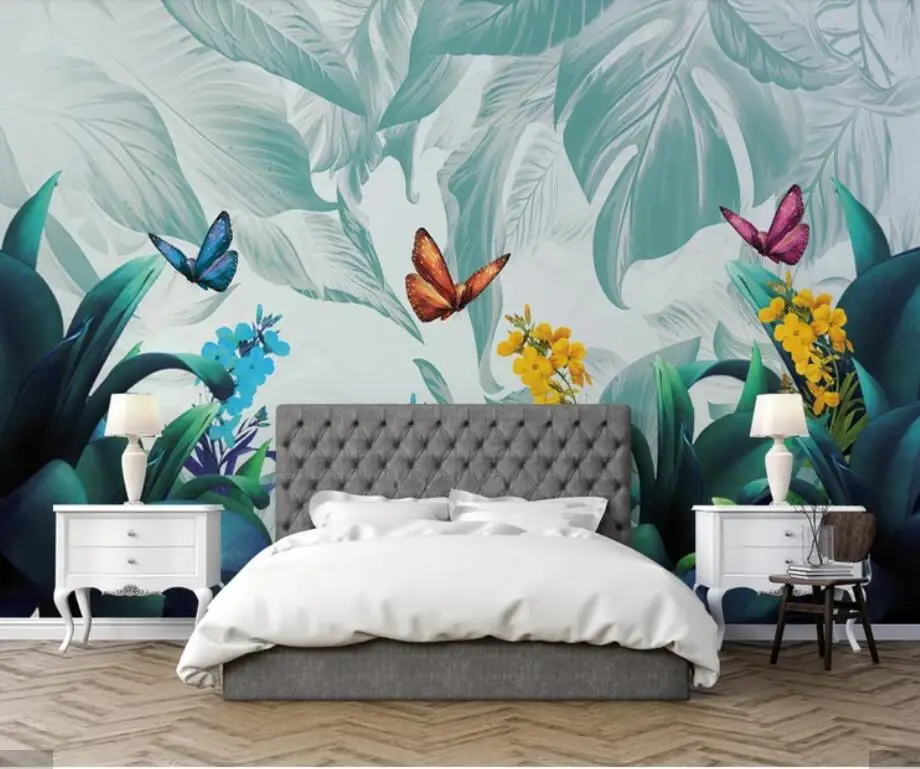 3D тропические листья бабочка настенная бумага роспись искусство Настенная