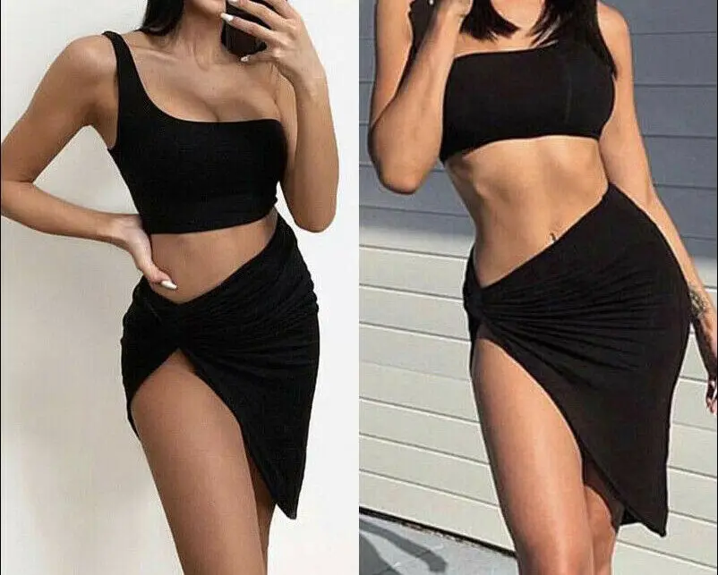 New Style 2 Pieces Set Fashion Sexy Women Tops Solid Clubwear Casual Bodycon Bandage One Shoulder Hot 2019 | Женская одежда