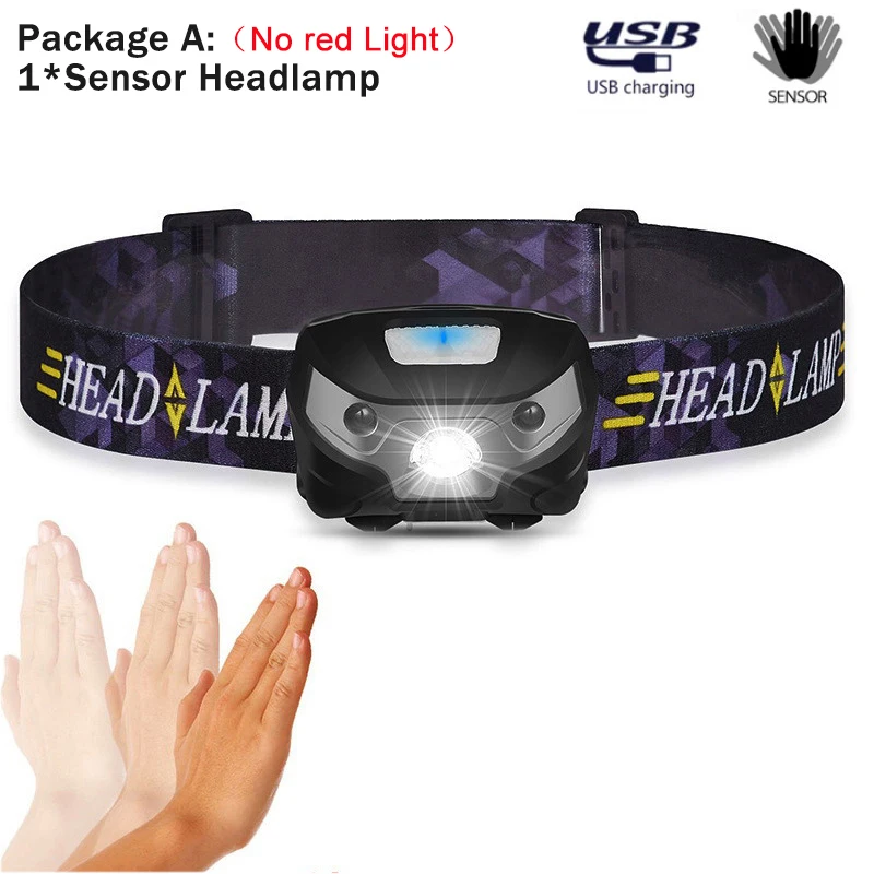 10000лм мощный налобный фонарь перезаряжаемый светодиодный головной светильник датчик движения тела Головной фонарь для кемпинга светильник лампа с USB - Испускаемый цвет: A