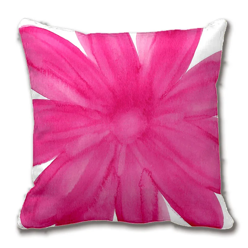 Ярко розовая декоративная подушка с акварельными цветами наволочка