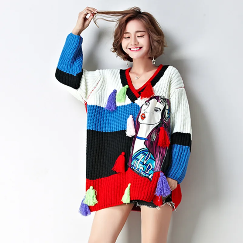 2021 autumn and winter new tide brand women's long section loose printed patch ladies sweater v-neck pullover | Женская одежда