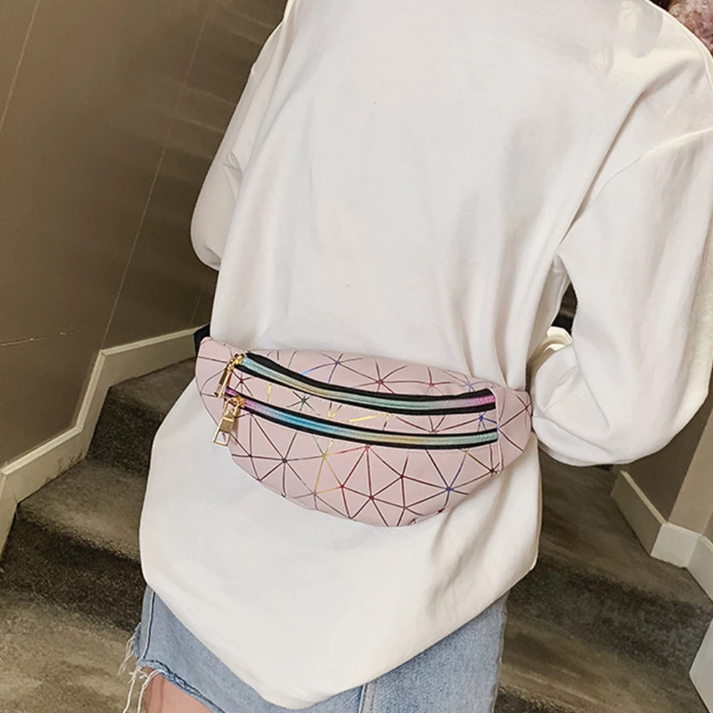 Поясная Сумка женская голографическая розовая серебристая черная