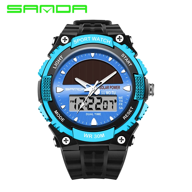 SANDA Новая мода Япония Movt мужские спортивные солнечные часы Led Dual Timezone цифровые
