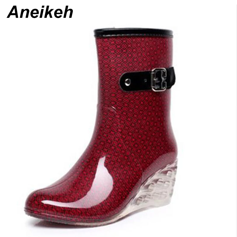 Aneikeh/Новинка Модные женские сапоги на высокой танкетке Короткие резиновые с