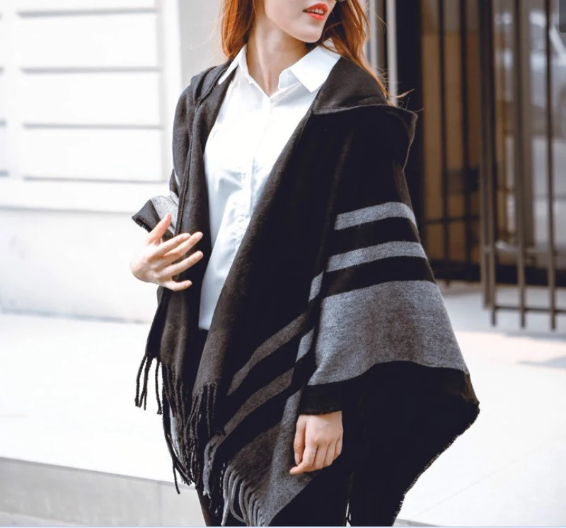 Женский вязаный кардиган большого размера пончо накидка теплый свитер Осень