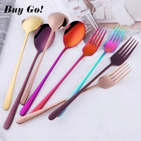 1810 stainless steel korean soup spoon and fork set gold dinner spoon rainbow dinnerware spoon set long handle kitchen utensils