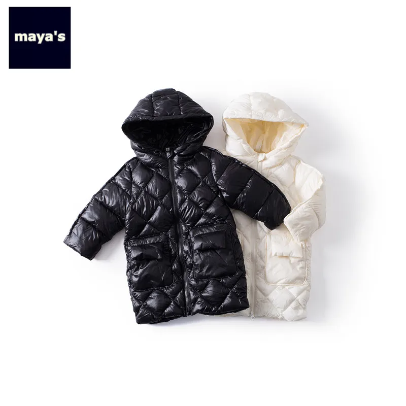 Mayas/белые зимние теплые длинные детские парки новые модные детские куртки с длинными рукавами и капюшоном базовые черные пальто на молнии для мальчиков 81235