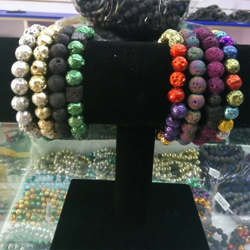 Золотой вулканический камень 7 Чакра браслет мужской черный Лава Исцеление