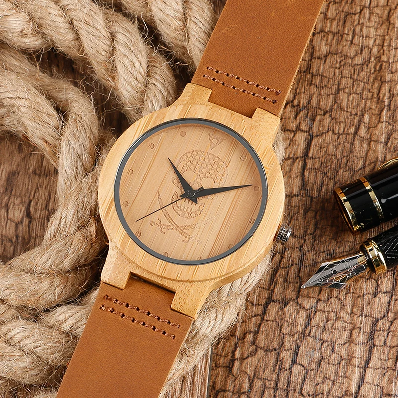Часы наручные мужские с бамбуковым циферблатом креативные кварцевые в