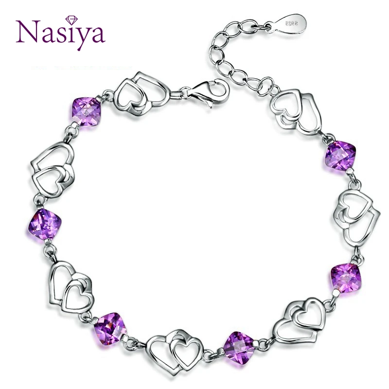 Elegant Bracelet For Women Jewelry 925 Sterling Silver Natural Purple Amethyst Double Love Heart to Heart Cute Trendy Chain