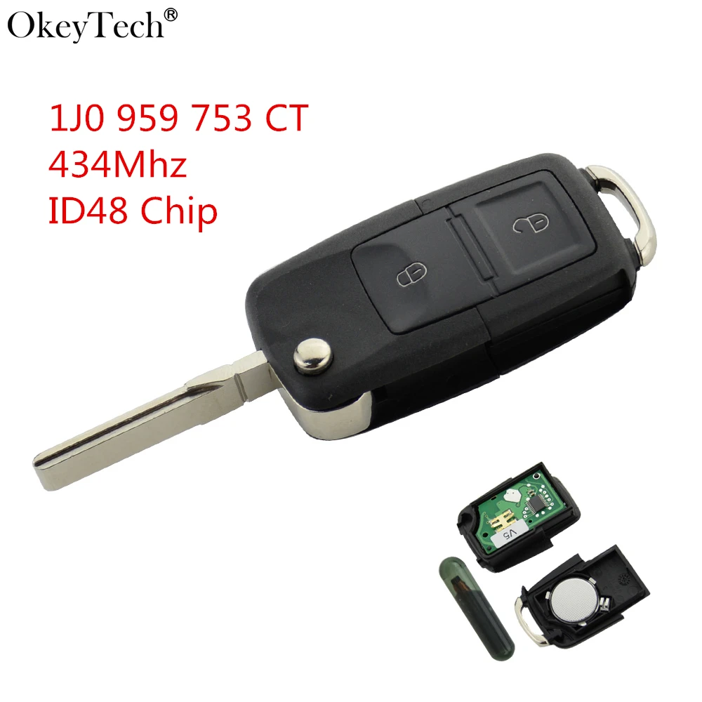 

Okeytech Flip Folding Remote Car Key 2 Button For VW Volkswagen Bora Polo Golf Passat MK4 1J0 959 753 CT 434Mhz ID48 Chip