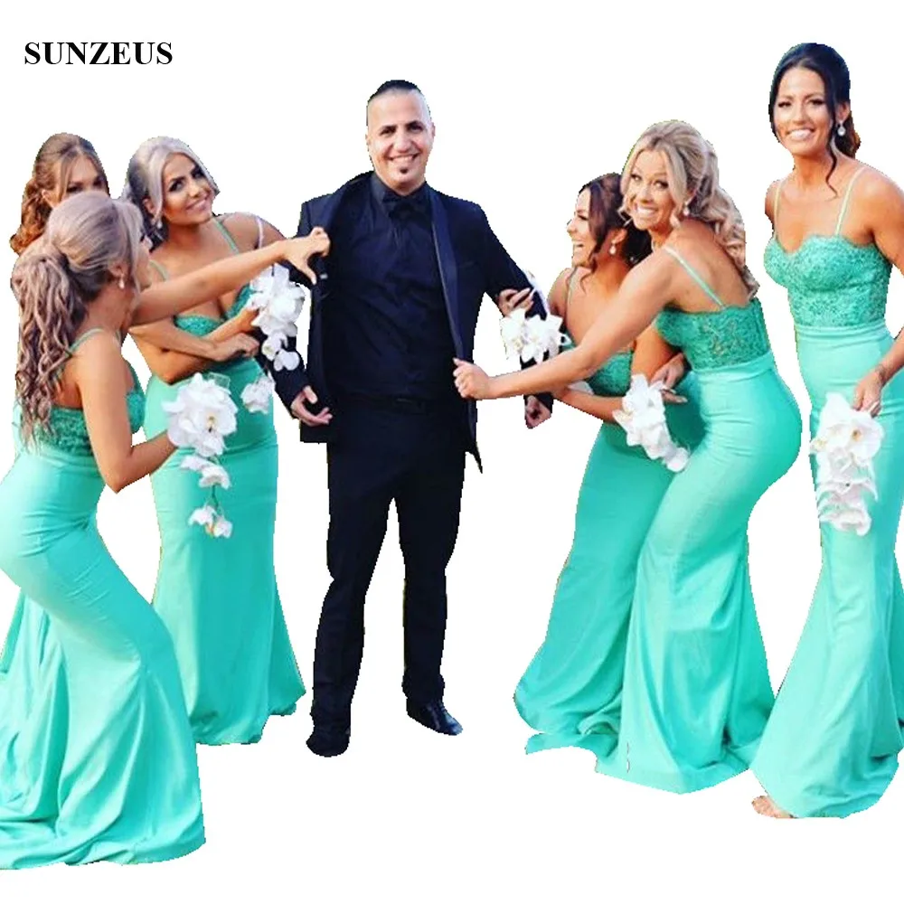 

Sheath Sweetheart Spaghetti Straps Turquoise Green Bridesmaid Dresses With Lace Bodice Long Wedding Party Gowns BDS020