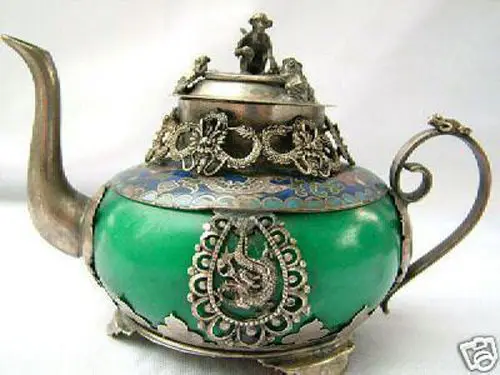 

Handwork Rare tibetan silver green jade carve dragon teapot monkey on Garden Decoration 100% real Tibetan Silver Brassroom Art
