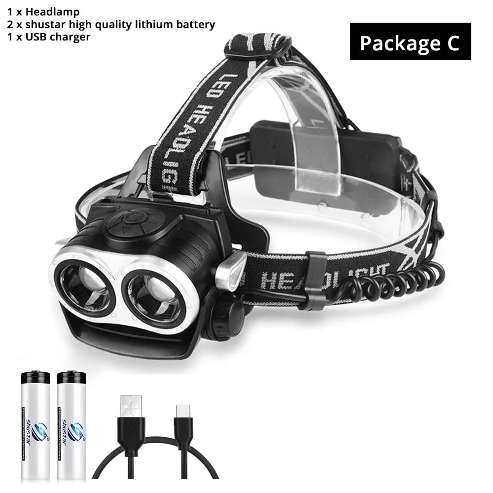 Package C Супер яркий светодиодный налобный фонарь 2xT6 светодиодный налобный фонарь с возможностью масштабирования головной светильник водонепроницаемый Головной фонарь вспышка светильник налобный фонарь рыболовный охотничий светильник - Испускаемый цвет: Package C