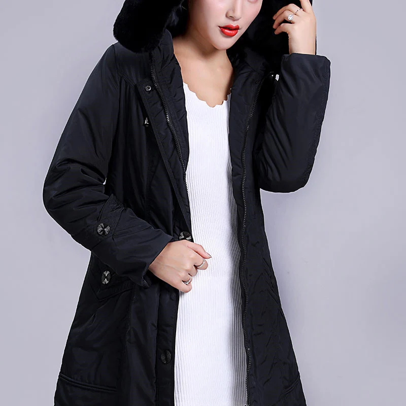 Женская парка с подкладкой из натурального кроличьего меха облегающее пальто
