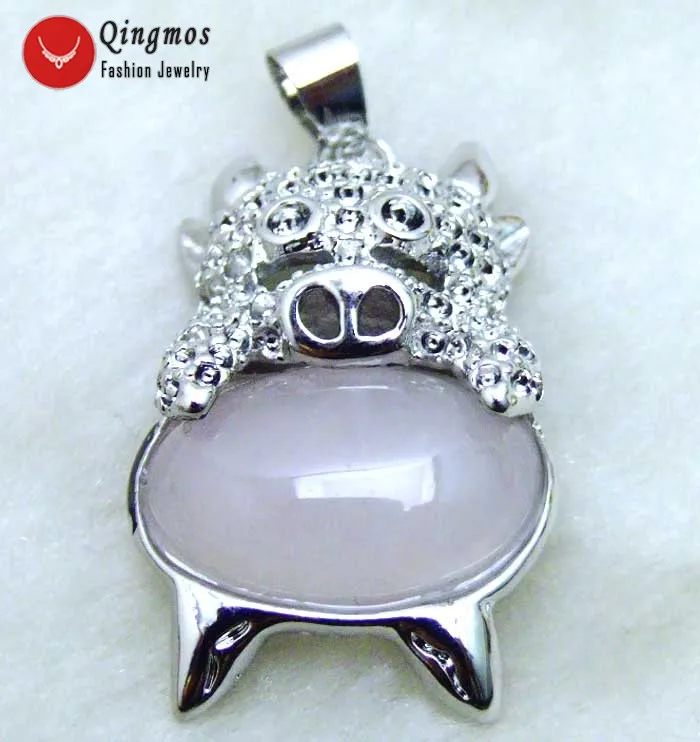 

Qingmos Trendy Lovely 20*28mm Pig Shape Pendant for Women with Oval Natural Pink Crystal Pendant Jewelry pen237 Free Shipping