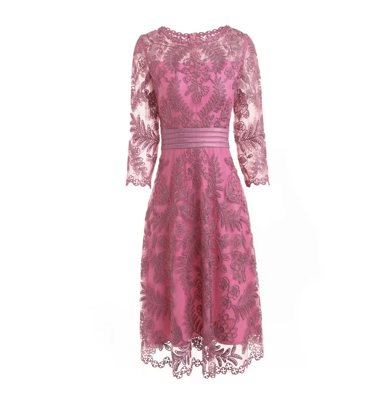 Slim Fit& Flare Dress осенние модные вечерние коктейльные девушку o-образным вырезом восхитительный повторяющийся вышивка Сетчатое платье Vestidos Fiesta - Цвет: pink