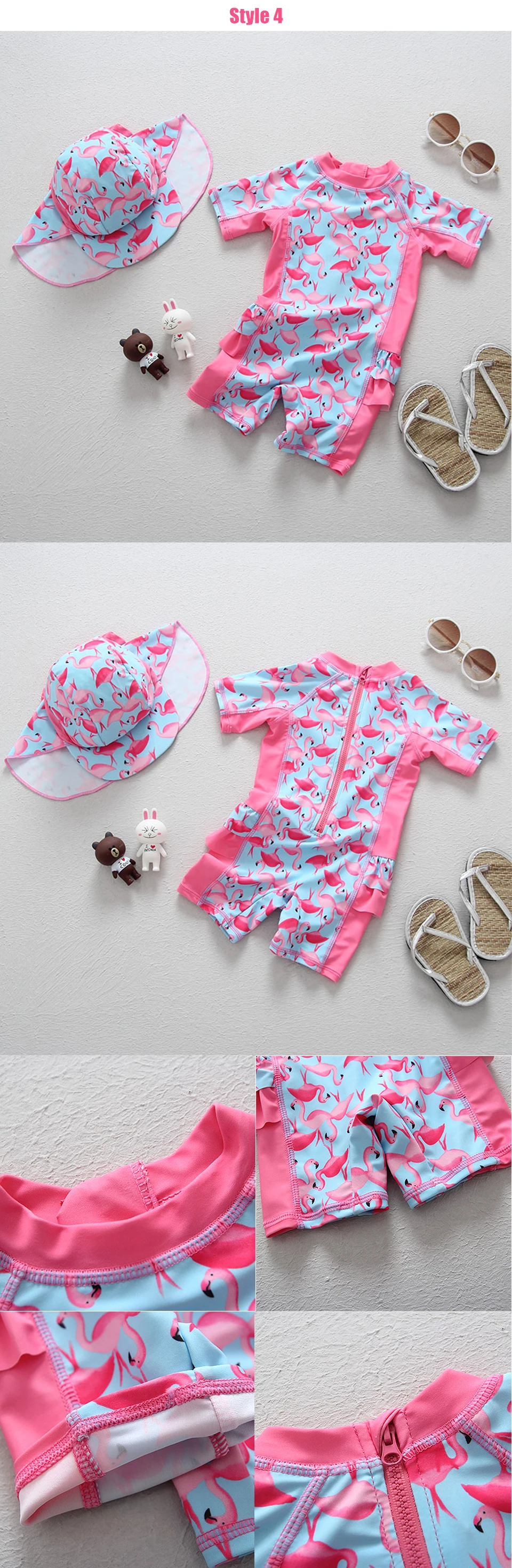 Одежда для купания для маленьких девочек, От 1 до 3 лет, купальник для новорожденных, цельный купальный костюм, Мультяшные купальники с цветочным принтом фламинго для детей