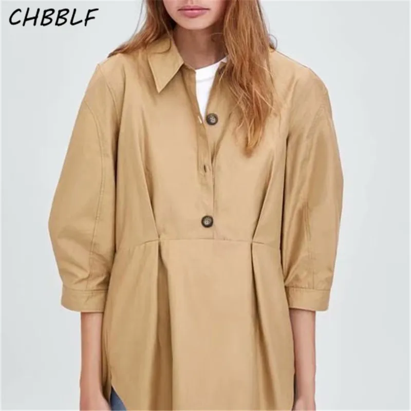 CHBBLF Женская винтажная Блузка цвета хаки с рукавом три четверти Женские