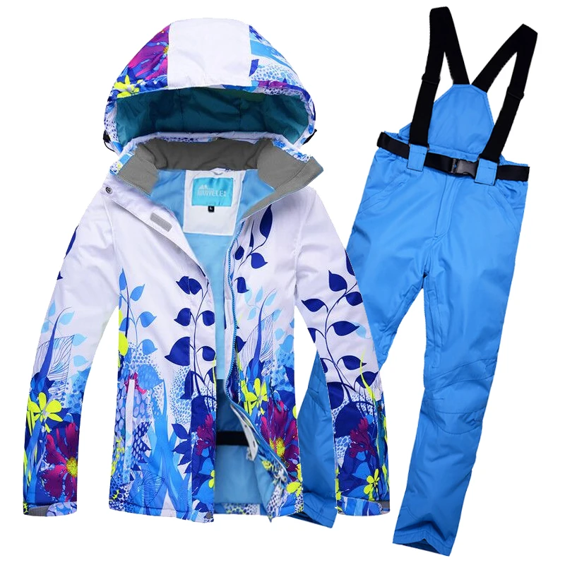 Женский зимний костюм для сноуборда теплый пиджак с цветочным принтом и брюки - Фото №1