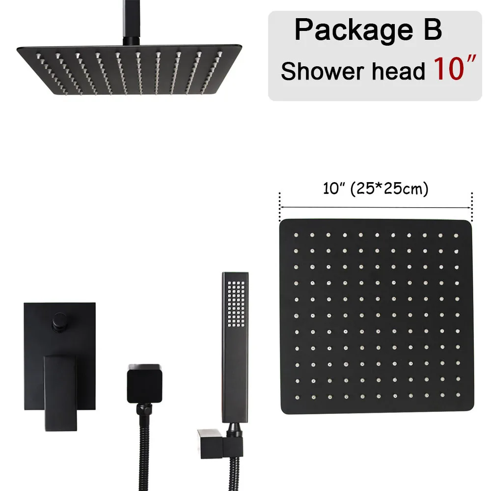 10 inch ceiling Ванная комната квадратная форма в потолочный Душ Набор с черным покрытием для ванной переключателем смеситель 8/10/12 дюймов дождь Душевая Головка - Цвет: 10 inch ceiling