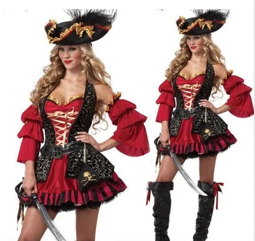 

Halloween Sexy Pirate Queen Cosplay Women Adult Red Cosplay Costume Dress Prom Gown Hat Sets Halloween Carnival Costume