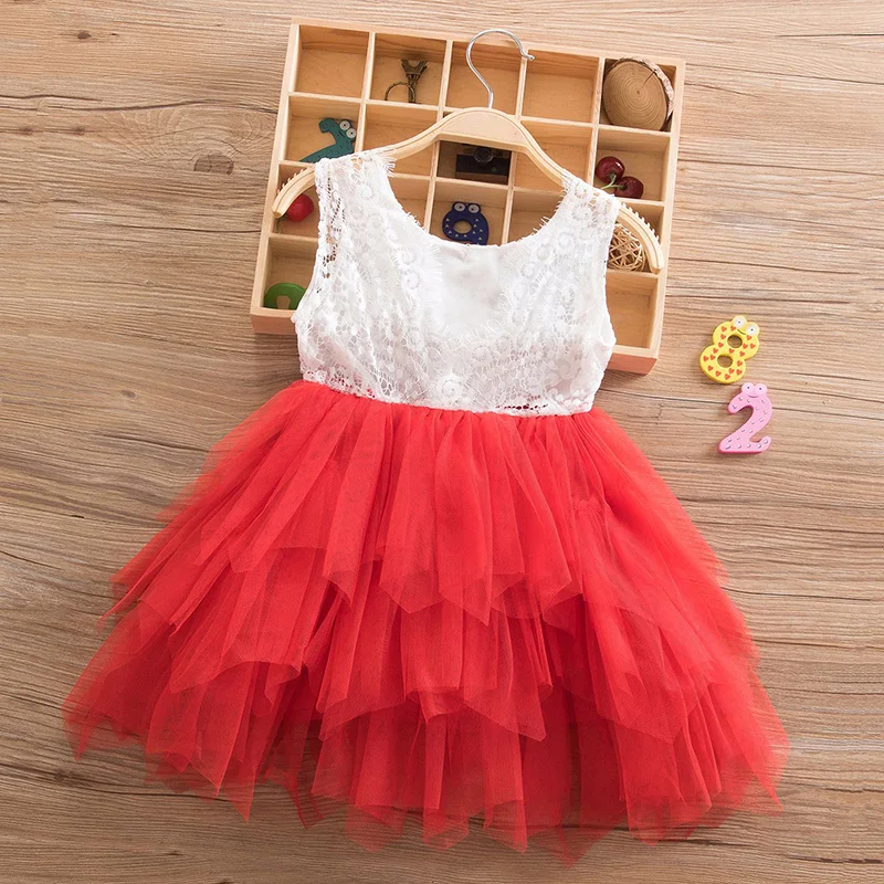 

New Sleeveless Girls Summer Dress Lace Hollow Fashion New Chiffon Fluffy Dress Polyester Material Festival Celebration