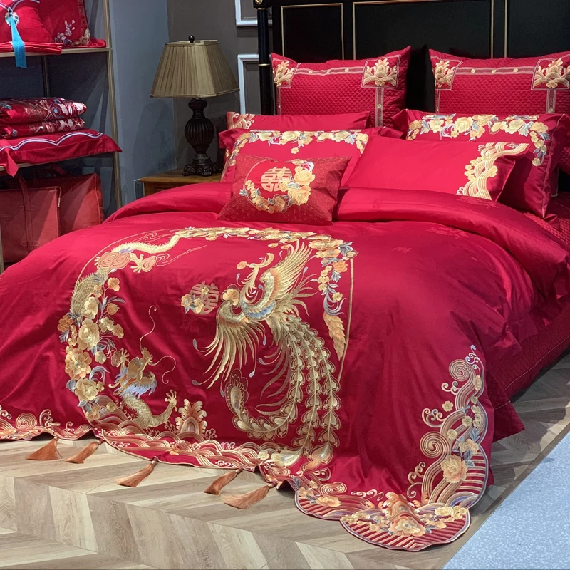 Роскошный комплект постельного белья из египетского хлопка красного цвета для