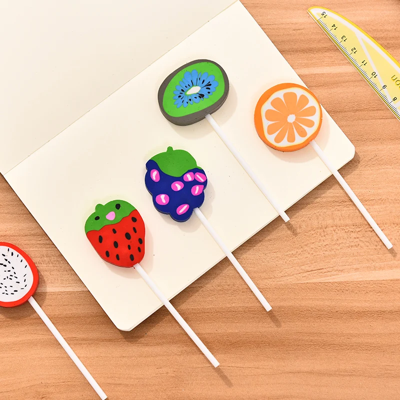 

10 pcs/lot Creative cute fruit lollipop shape eraser Novelty Strawberry Mini Rubber children student learning stationery Suppliy