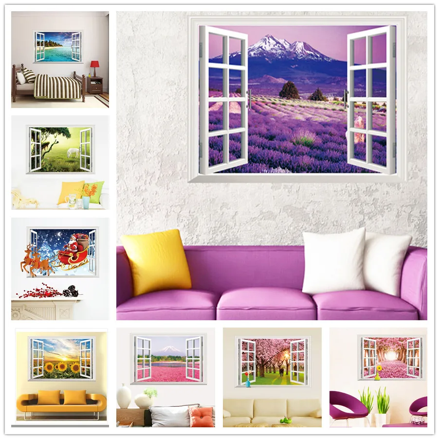 % 3D окно Пейзаж животные цветок Настенная Наклейка домашний Декор Гостиная