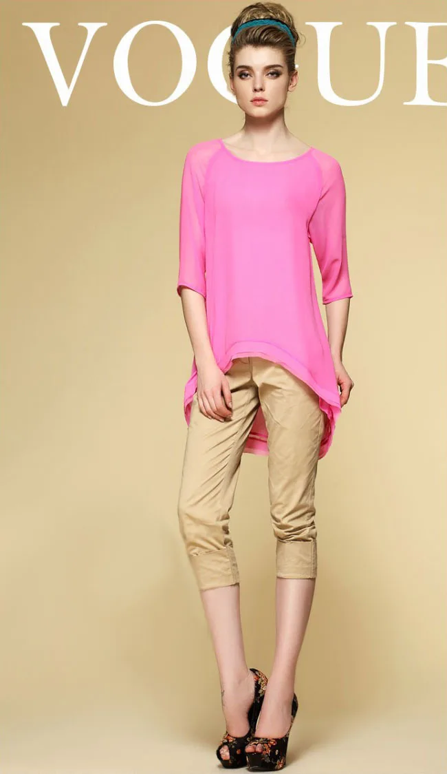 Длинная шелковая шифоновая футболка/шелковая ткань/однотонный цвет/женские топы